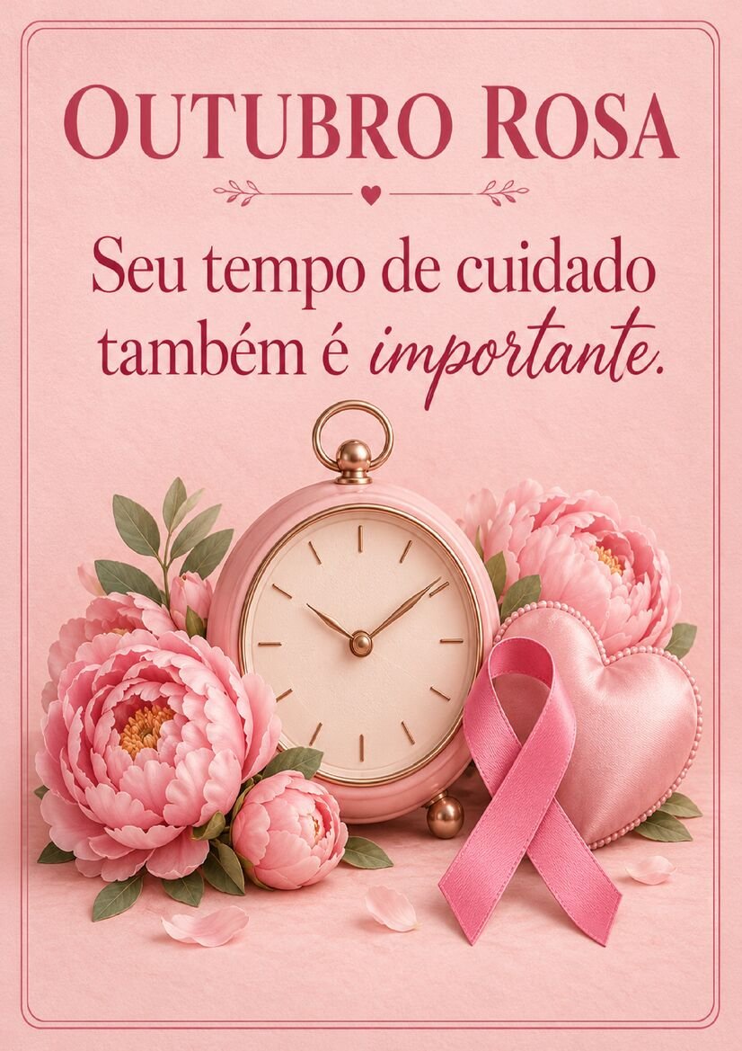Imagem Outubro Rosa com relógio rosa, flores, coração e fita de conscientização, acompanhada de frase sobre tempo para cuidar de si